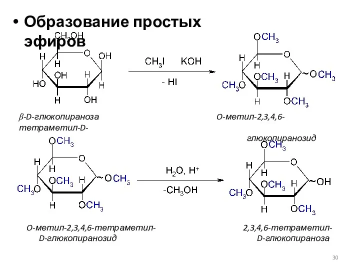 Образование простых эфиров β-D-глюкопираноза O-метил-2,3,4,6-тетраметил-D- глюкопиранозид O-метил-2,3,4,6-тетраметил- 2,3,4,6-тетраметил- D-глюкопиранозид D-глюкопираноза