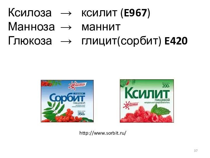 Ксилоза → ксилит (E967) Манноза → маннит Глюкоза → глицит(сорбит) E420 http://www.sorbit.ru/
