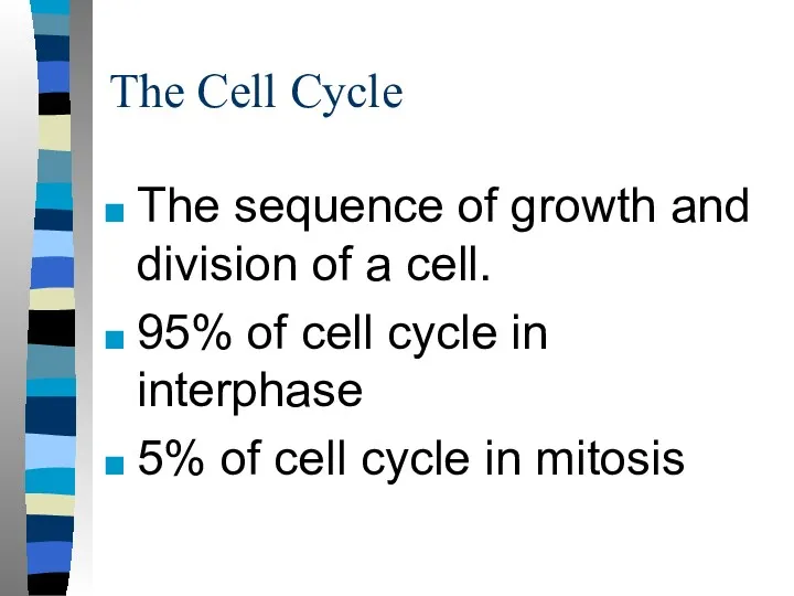 The Cell Cycle The sequence of growth and division of a cell. 95%