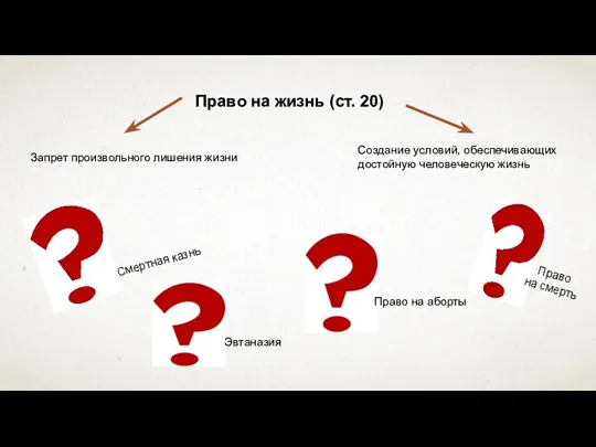 Право на жизнь (ст. 20) Запрет произвольного лишения жизни Создание условий, обеспечивающих достойную