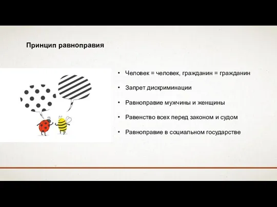 Принцип равноправия Человек = человек, гражданин = гражданин Запрет дискриминации Равноправие мужчины и