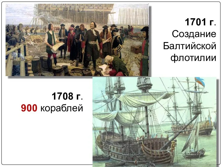 1701 г. Создание Балтийской флотилии 1708 г. 900 кораблей
