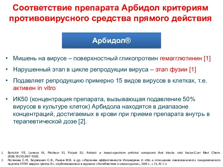 Соответствие препарата Арбидол критериям противовирусного средства прямого действия Арбидол® Мишень