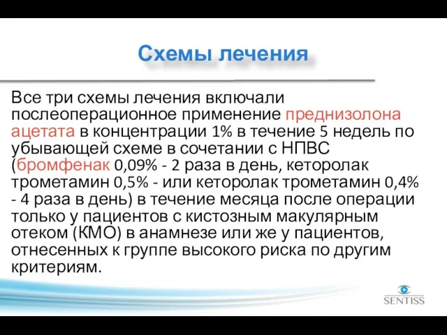 Схемы лечения Все три схемы лечения включали послеоперационное применение преднизолона ацетата в концентрации