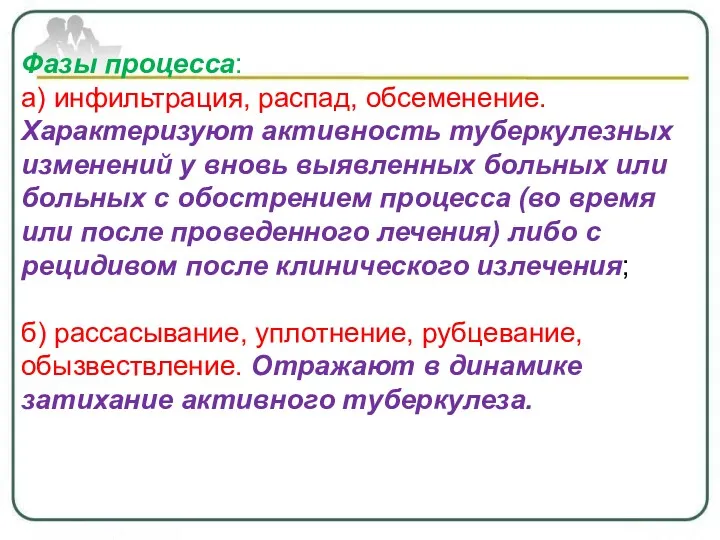 Фазы процесса: а) инфильтрация, распад, обсеменение. Характеризуют активность туберкулезных изменений