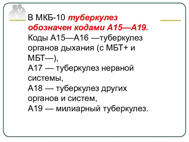 В МКБ-10 туберкулез обозначен кодами А15—А19. Коды А15—А16 —туберкулез органов