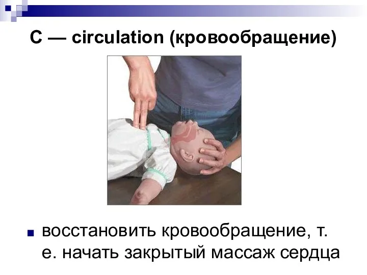 С — circulation (кровообращение) восстановить кровообращение, т. е. начать закрытый массаж сердца