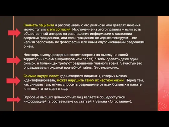 Снимать пациента и рассказывать о его диагнозе или деталях лечения