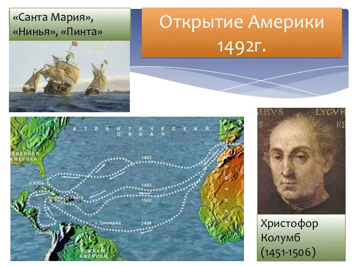 Открытие Америки 1492г. Христофор Колумб (1451-1506) «Санта Мария», «Нинья», «Пинта»