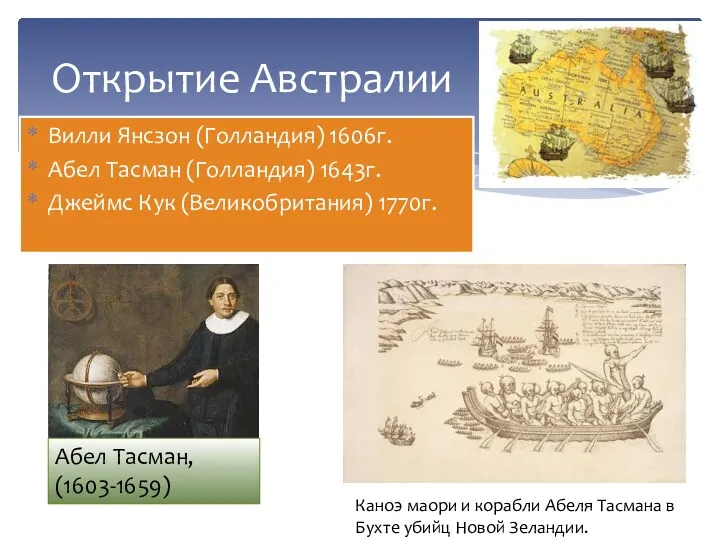 Вилли Янсзон (Голландия) 1606г. Абел Тасман (Голландия) 1643г. Джеймс Кук