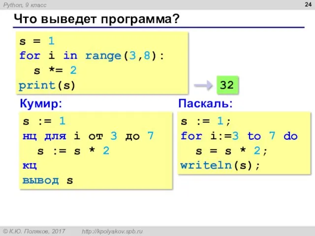 Что выведет программа? s = 1 for i in range(3,8):