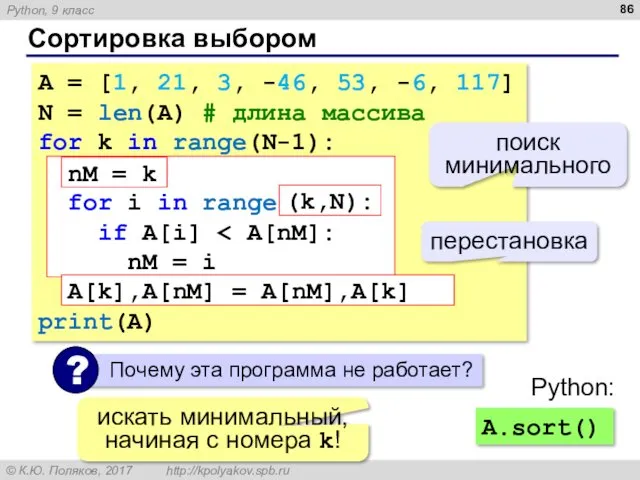 Сортировка выбором A = [1, 21, 3, -46, 53, -6,