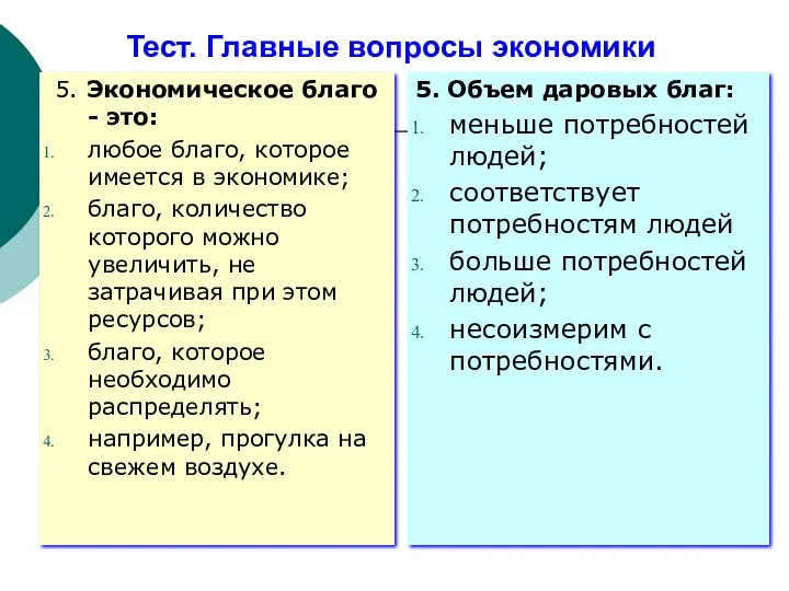 Тест. Главные вопросы экономики 5. Экономическое благо - это: любое