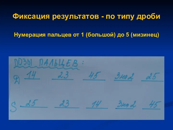 Фиксация результатов - по типу дроби Нумерация пальцев от 1 (большой) до 5 (мизинец)