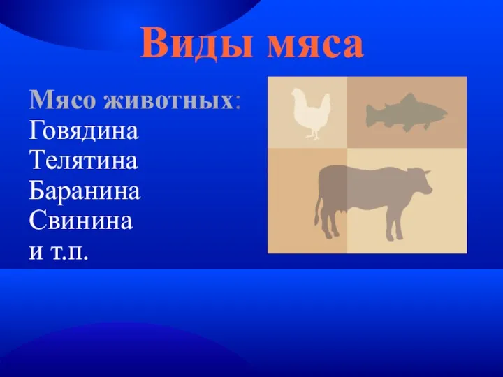 Виды мяса Мясо животных: Говядина Телятина Баранина Свинина и т.п.