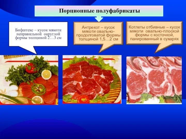 Порционные полуфабрикаты Бифштекс – кусок мякоти неправильной округлой формы толщиной 2…3 см