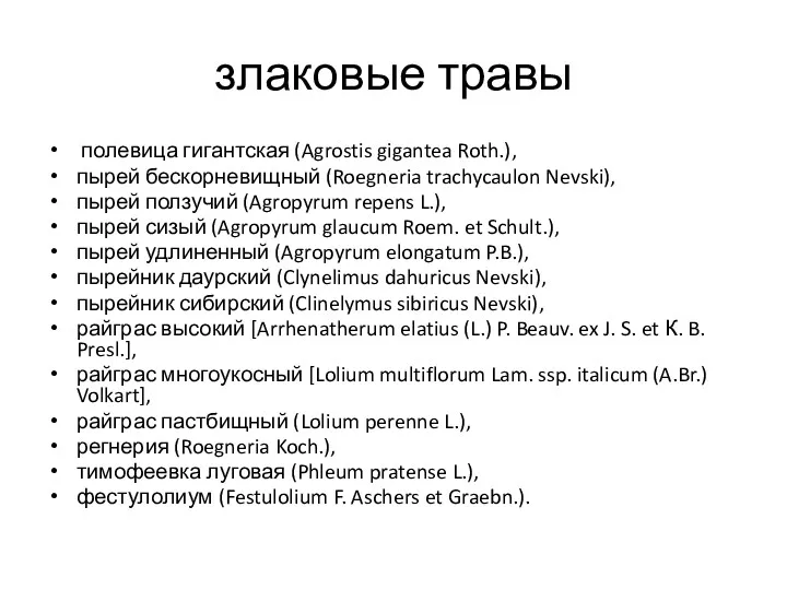 злаковые травы полевица гигантская (Agrostis gigantea Roth.), пырей бескорневищный (Roegneria