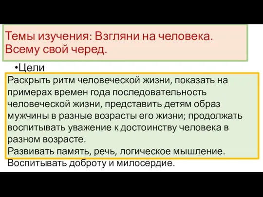 Темы изучения: Взгляни на человека. Всему свой черед. Цели Раскрыть ритм человеческой жизни,