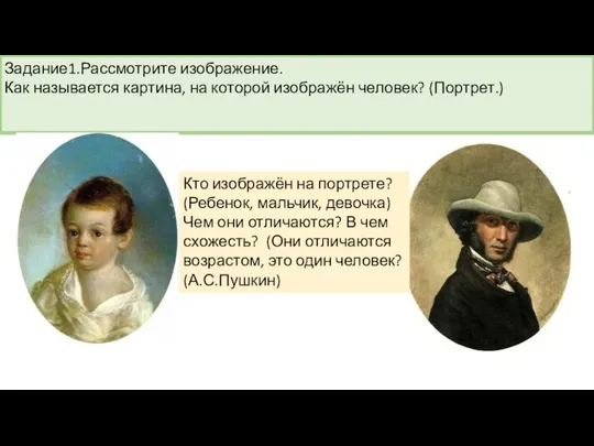 Задание1.Рассмотрите изображение. Как называется картина, на которой изображён человек? (Портрет.) Кто изображён на