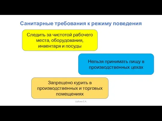 Санитарные требования к режиму поведения Шубина Е.А. Следить за чистотой