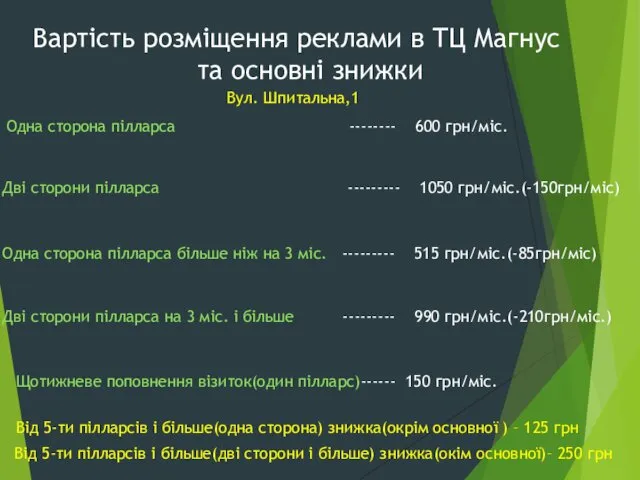 Вартість розміщення реклами в ТЦ Магнус та основні знижки Одна