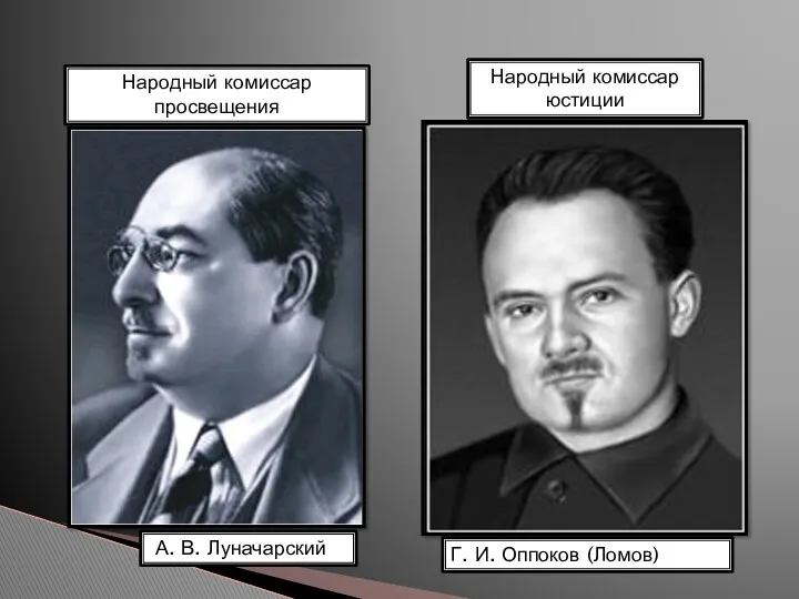 А. В. Луначарский Г. И. Оппоков (Ломов) Народный комиссар просвещения Народный комиссар юстиции