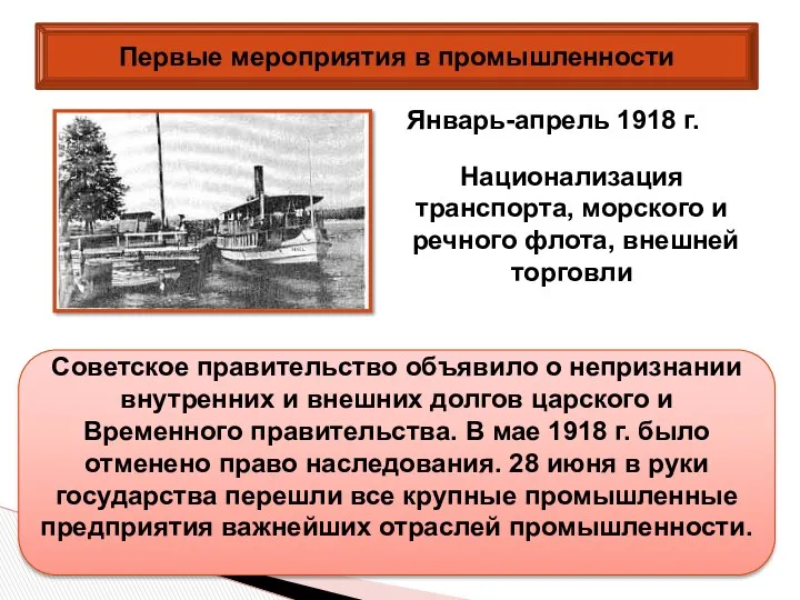 Первые мероприятия в промышленности Советское правительство объявило о непризнании внутренних