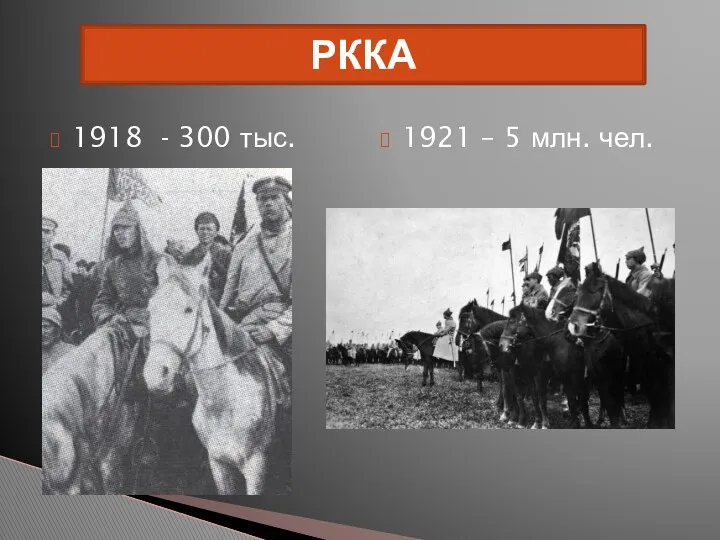 1918 - 300 тыс. 1921 – 5 млн. чел. РККА