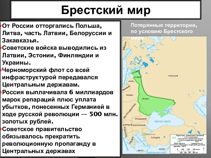 Брестский мир Потерянные территории, по условию Брестского мира От России