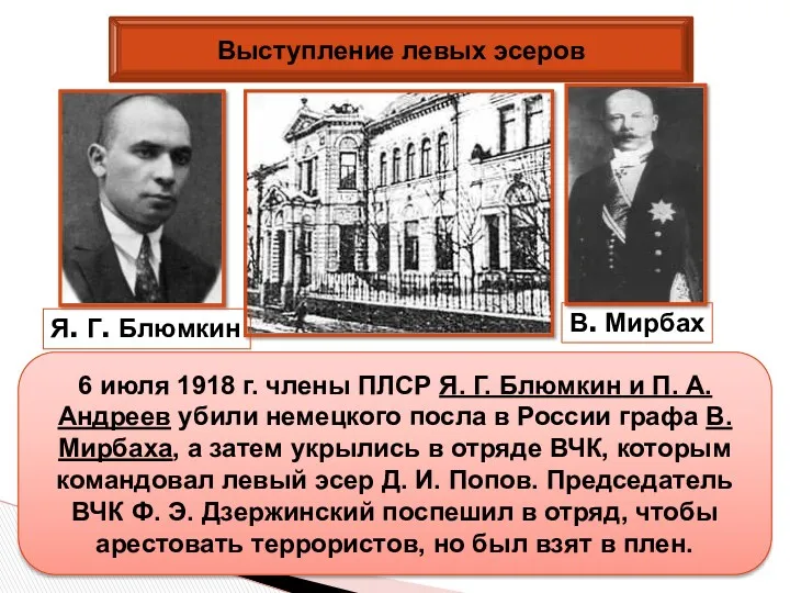 Выступление левых эсеров 6 июля 1918 г. члены ПЛСР Я.