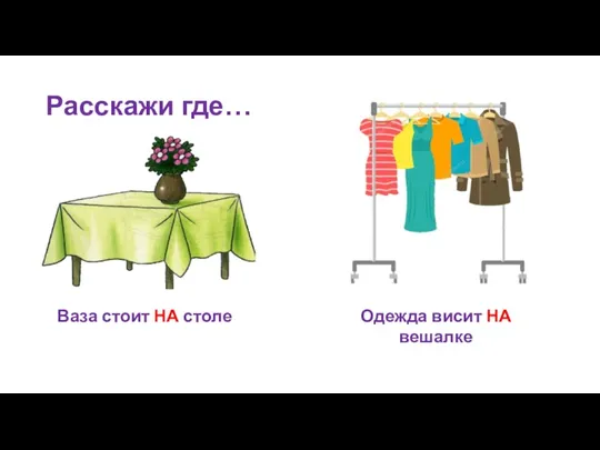 Расскажи где… Ваза стоит НА столе Одежда висит НА вешалке