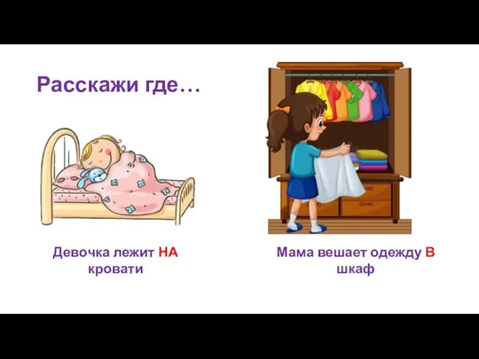 Расскажи где… Девочка лежит НА кровати Мама вешает одежду В шкаф