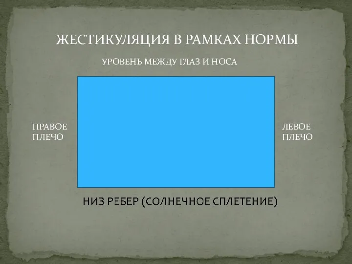 УРОВЕНЬ МЕЖДУ ГЛАЗ И НОСА ПРАВОЕ ПЛЕЧО ЛЕВОЕ ПЛЕЧО ЖЕСТИКУЛЯЦИЯ В РАМКАХ НОРМЫ