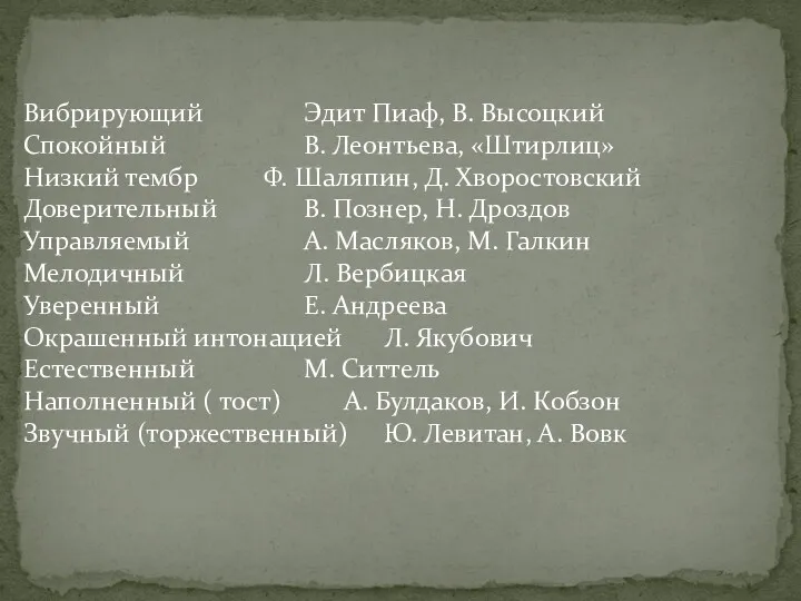 Вибрирующий Эдит Пиаф, В. Высоцкий Спокойный В. Леонтьева, «Штирлиц» Низкий