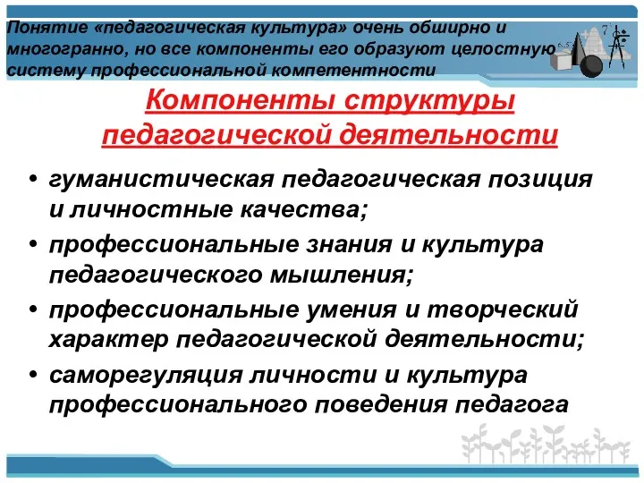 Компоненты структуры педагогической деятельности Понятие «педагогическая культура» очень обширно и