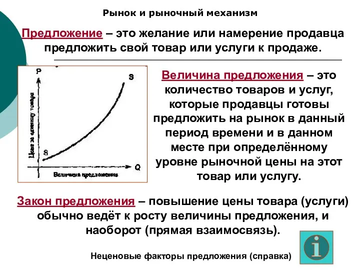 Рынок и рыночный механизм Предложение – это желание или намерение