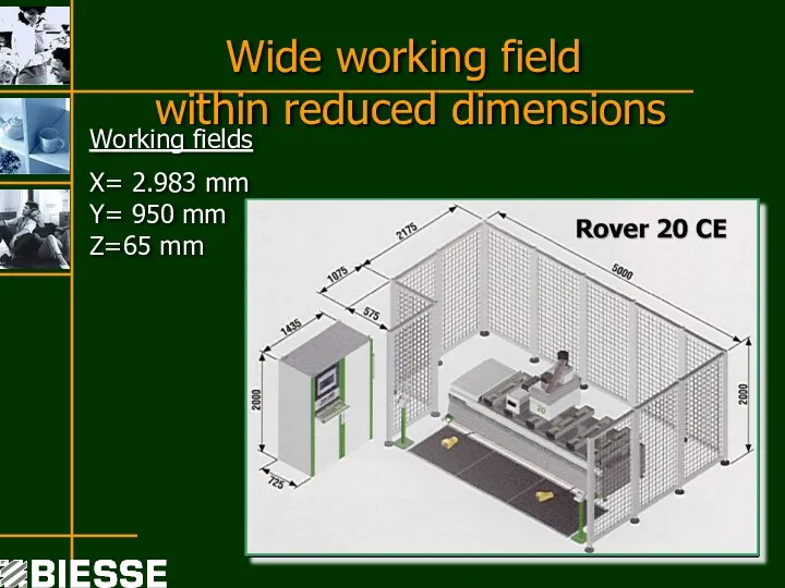 Wide working field within reduced dimensions Working fields X= 2.983 mm Y= 950 mm Z=65 mm