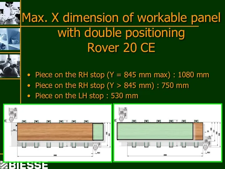 Max. X dimension of workable panel with double positioning Rover