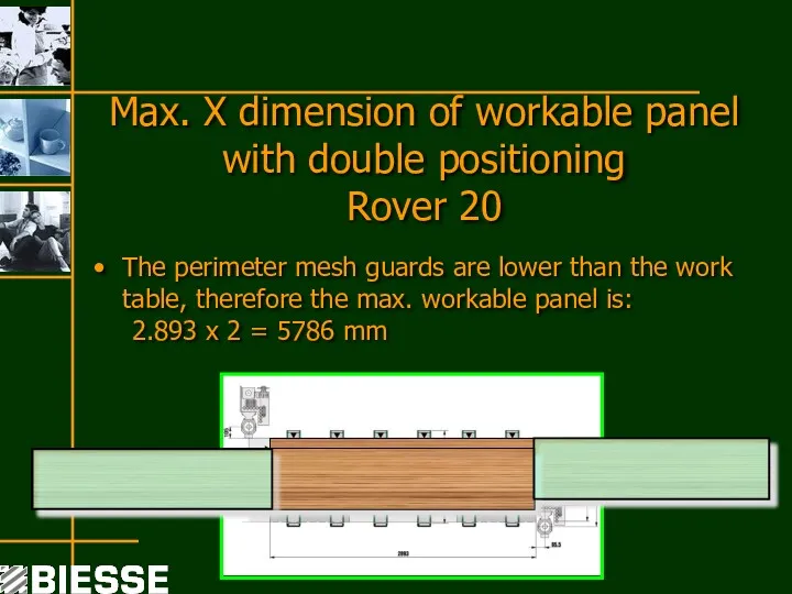 Max. X dimension of workable panel with double positioning Rover