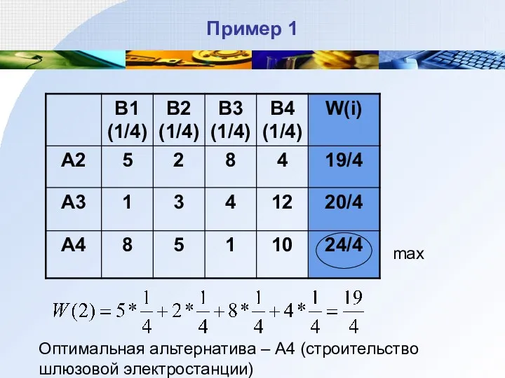 Пример 1 Оптимальная альтернатива – А4 (строительство шлюзовой электростанции) max