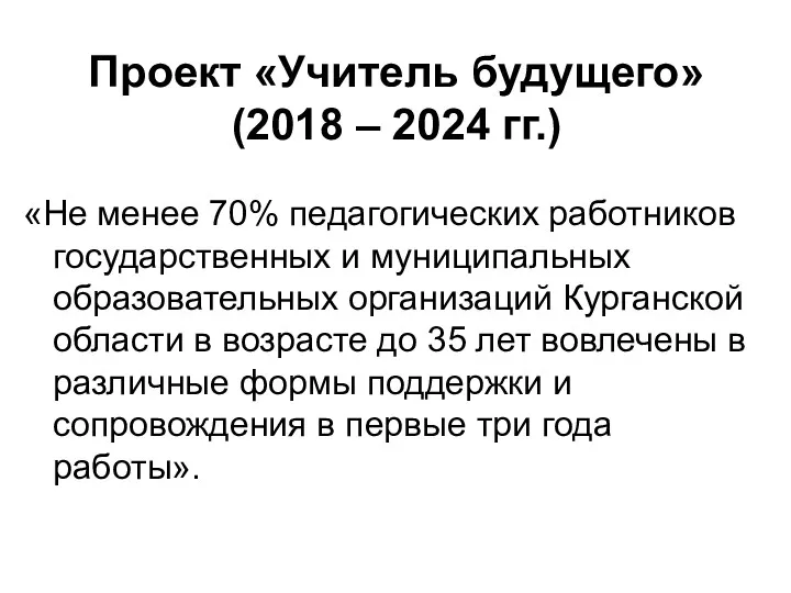 Проект «Учитель будущего» (2018 – 2024 гг.) «Не менее 70% педагогических работников государственных