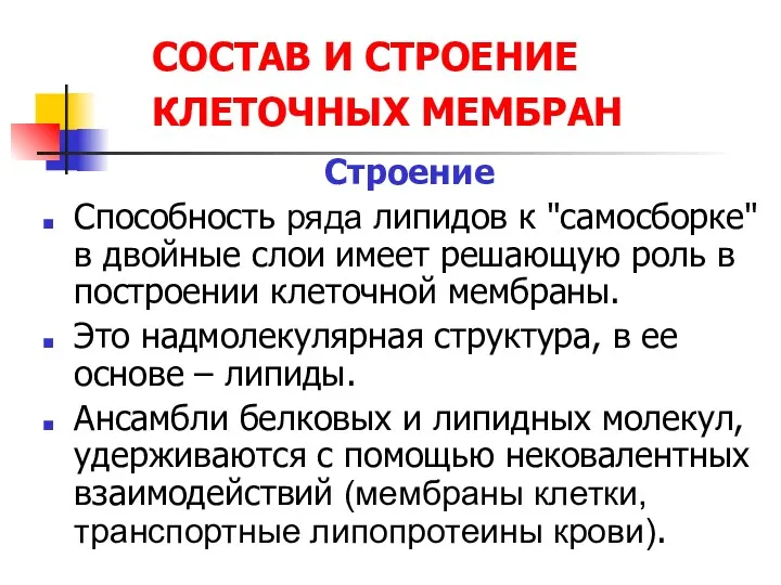 СОСТАВ И СТРОЕНИЕ КЛЕТОЧНЫХ МЕМБРАН Строение Способность ряда липидов к