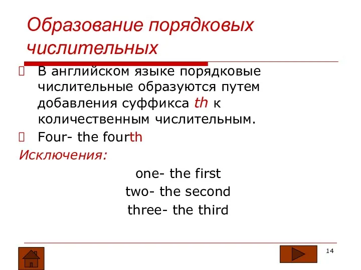 Образование порядковых числительных В английском языке порядковые числительные образуются путем