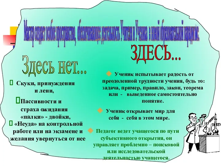 Мастер создает особое пространство, обеспечивающее деятельность Учителя и Ученика в