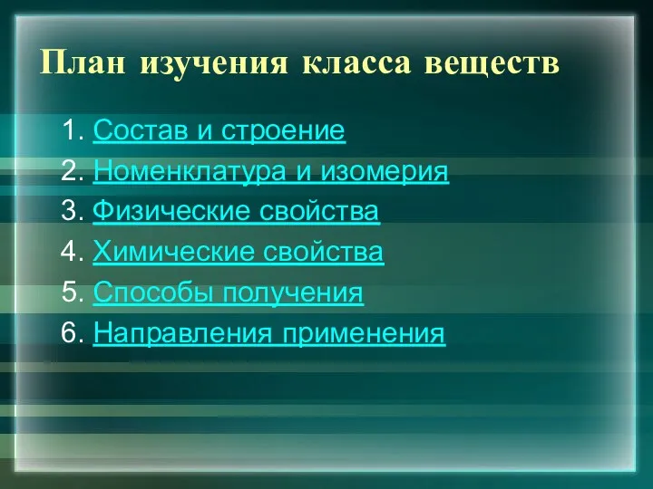 План изучения класса веществ 1. Состав и строение 2. Номенклатура