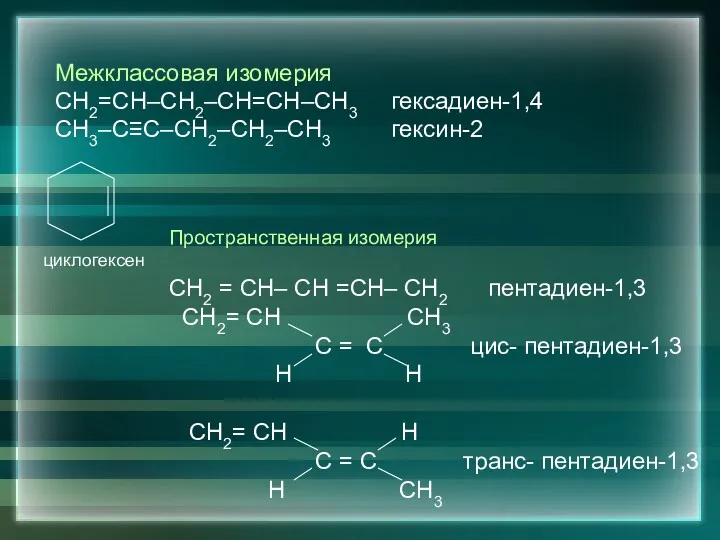 Межклассовая изомерия СН2=СН–СН2–СН=СН–СН3 гексадиен-1,4 СН3–С≡С–СН2–СН2–СН3 гексин-2 циклогексен