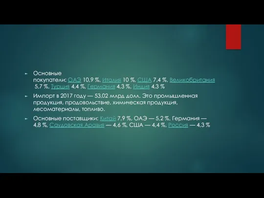 Основные покупатели: ОАЭ 10,9 %, Италия 10 %, США 7,4