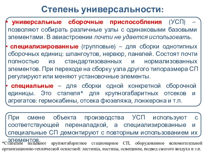 Степень универсальности: универсальные сборочные приспособления (УСП) – позволяют собирать различные узлы с одинаковыми