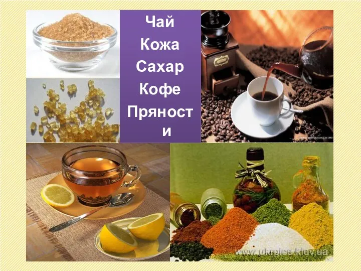 Чай Кожа Сахар Кофе Пряности