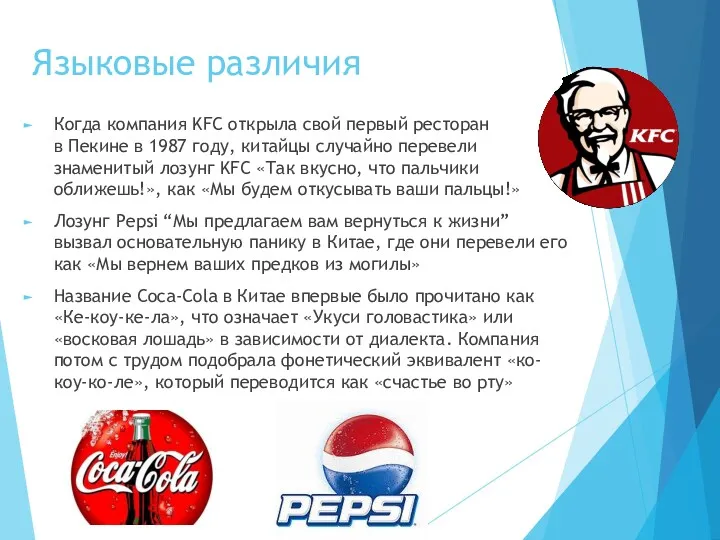 Языковые различия Когда компания KFC открыла свой первый ресторан в